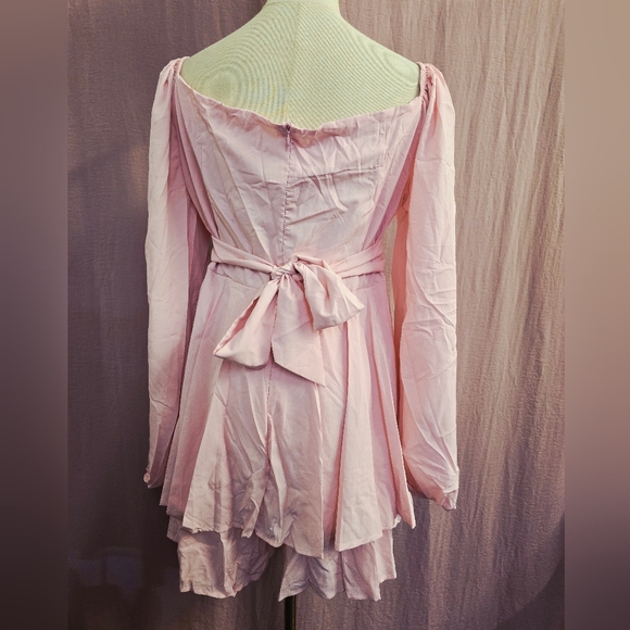 Off The Shoulder Lantern Long Sleeve Ruffle Tie Mini Romper, Light Pink - XL - Picture 7 of 10